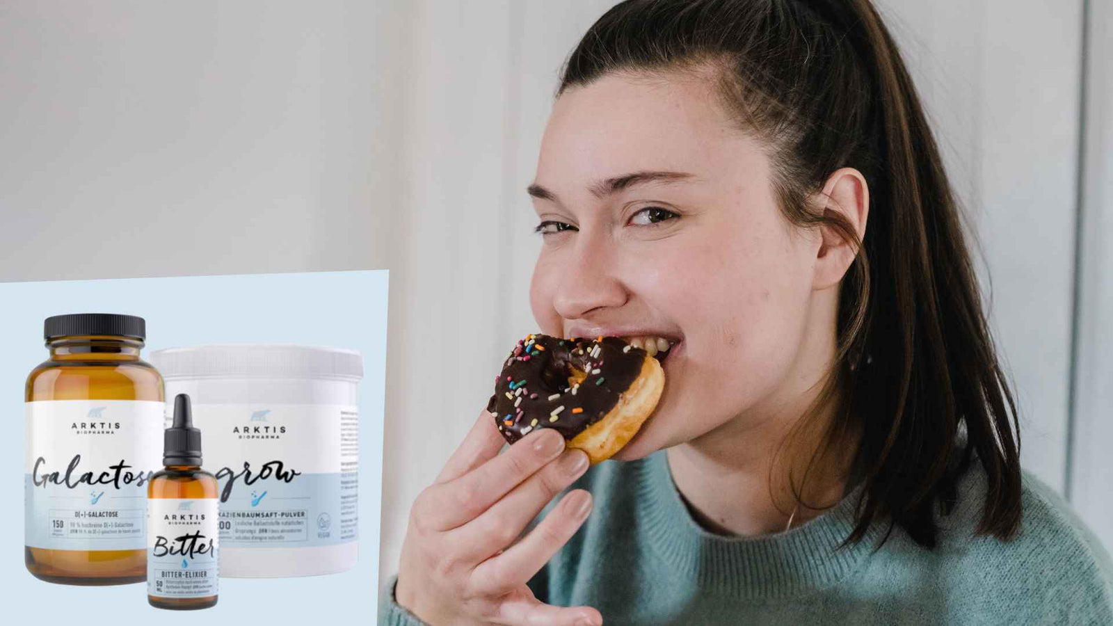 Frau die in einen Donut beisst und unten links das im Podcast erwähnte Produktbundle