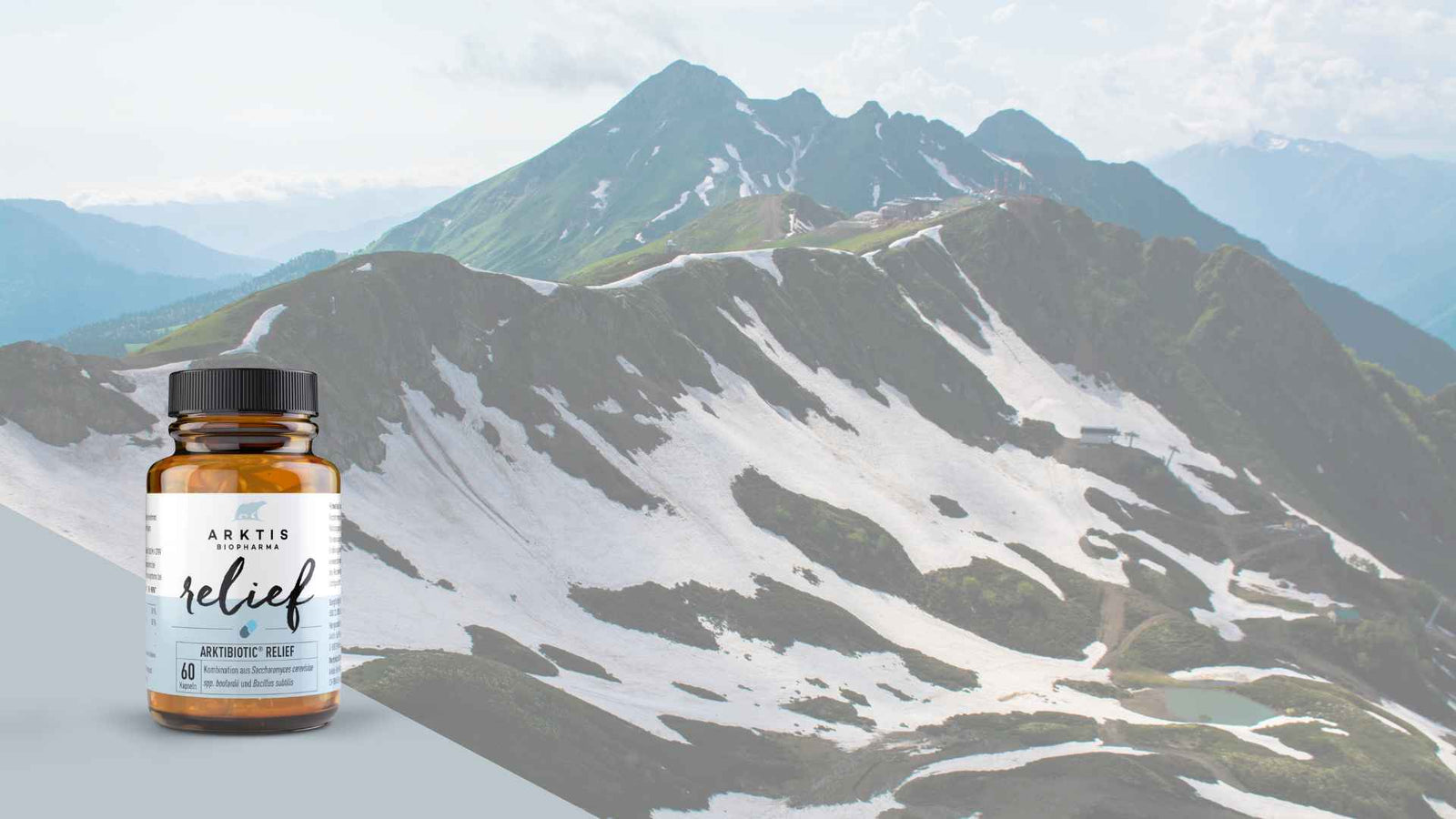 Im Hintergrund schneebedeckte Berge, in der linken unteren Ecke das neue Produkt Relief