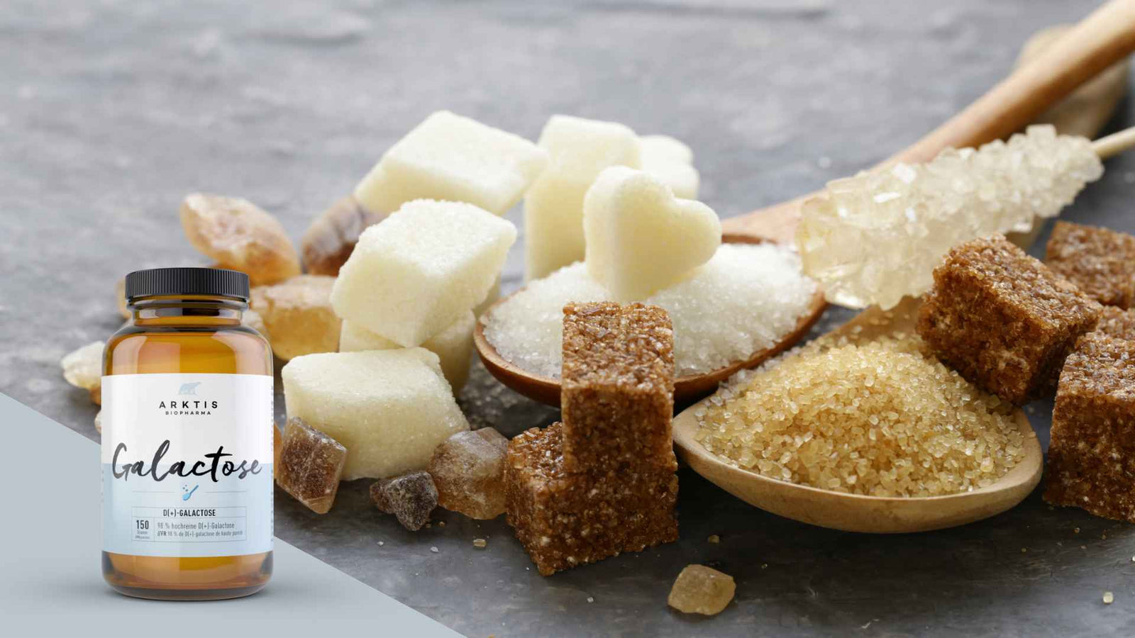 Verschiedene Zuckerarten und das Produkt Galactose in den linken unteren Ecke